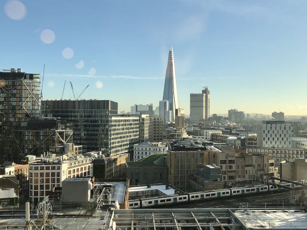 The London cityscape on a cerulean-sky morning.